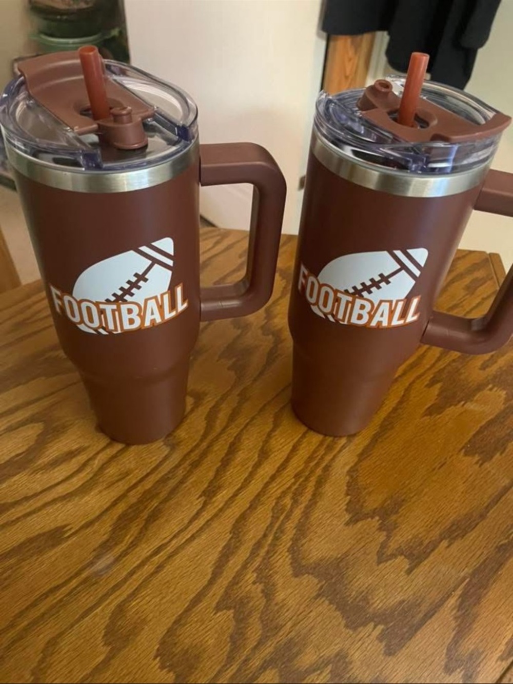 Football Insulated Travel Mugs with Handle - Brown